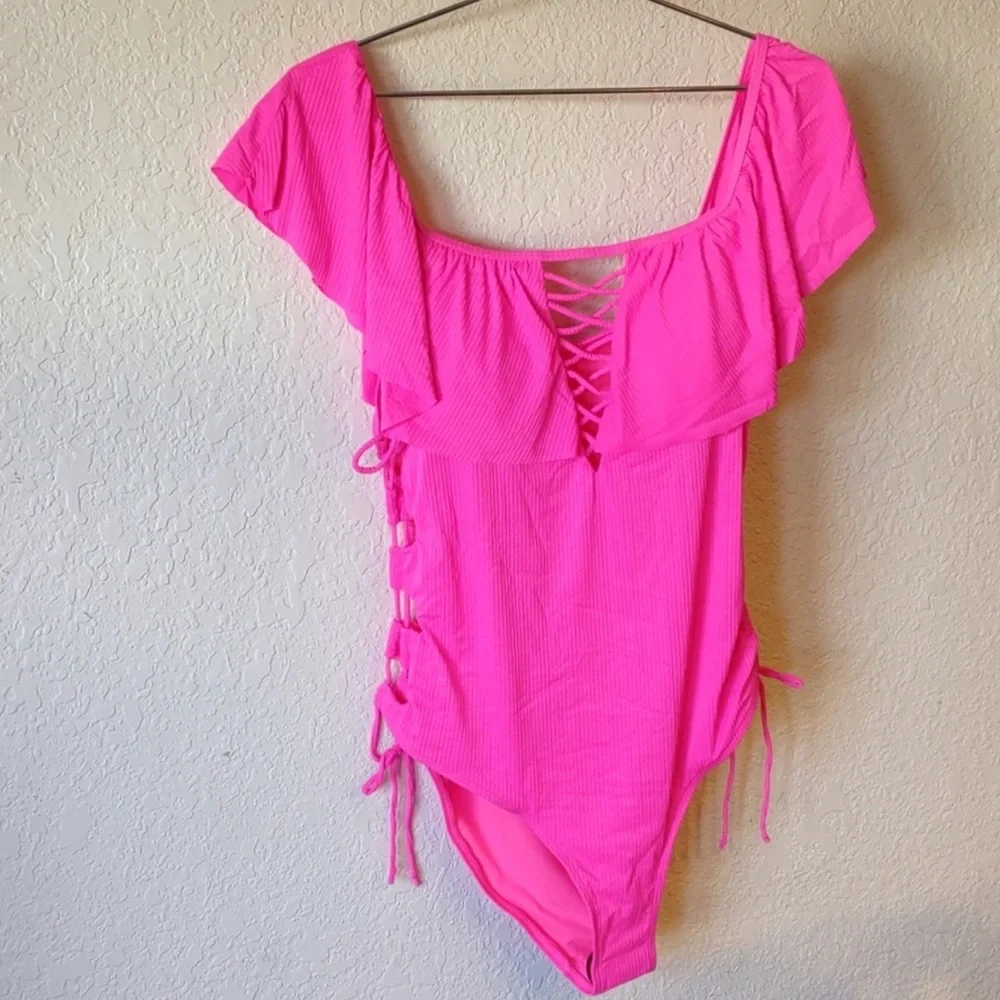 Ymi Womens Ribbed Ruffle Flounce One Piece Swimsuit L - Picture 1 of 2